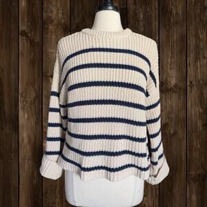 525 America Sweater Striped Cropped Oversize 43" Bust‎ XS 100% Cotton Cream Navy